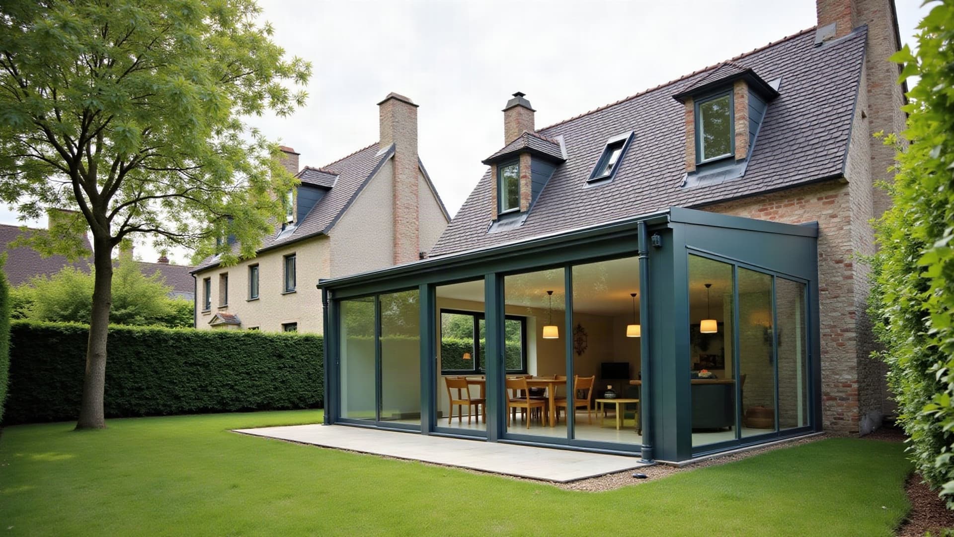 Véranda contemporaine à ossature aluminium adossée à une maison normande, vue depuis le jardin en fin de journée