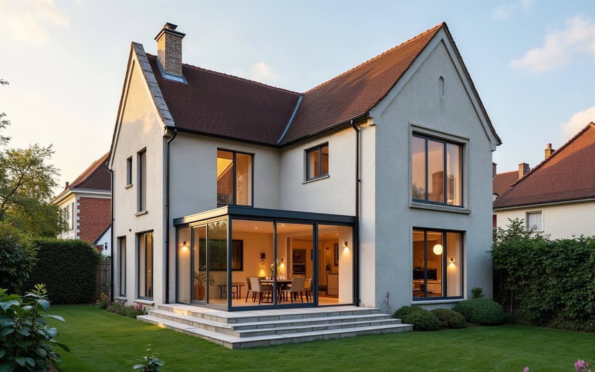 Extension vitrée contemporaine adossée à une maison normande, vue depuis le jardin à la tombée du jour, intérieur éclairé visible au travers des vitrages