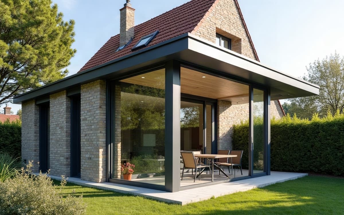 Véranda sur mesure aux vitrages ajustés à l'angle et à la hauteur de toiture d'une maison en brique claire, vue de trois quarts en lumière matinale.