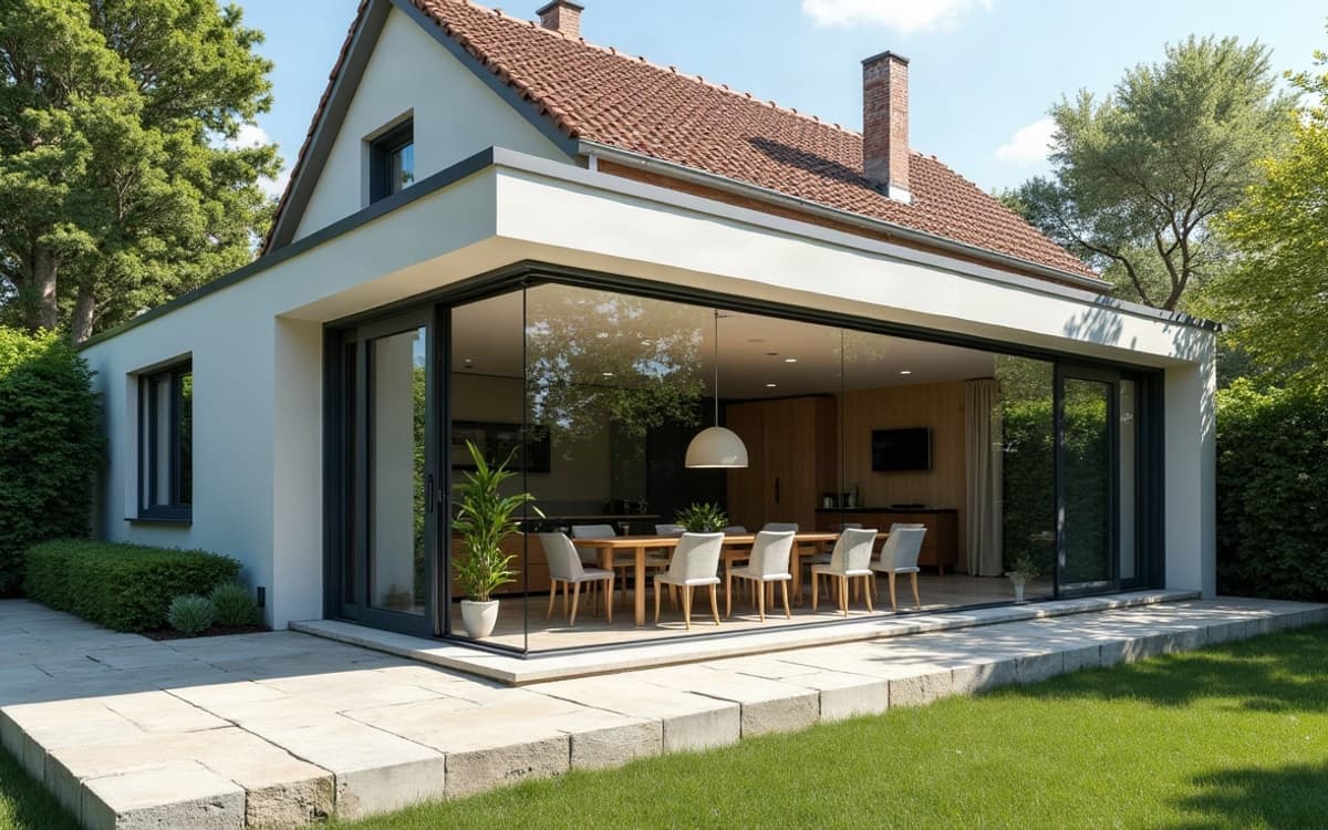 Extension vitrée à toit plat prolongeant une maison ancienne, baies coulissantes ouvertes sur une table de repas et le jardin