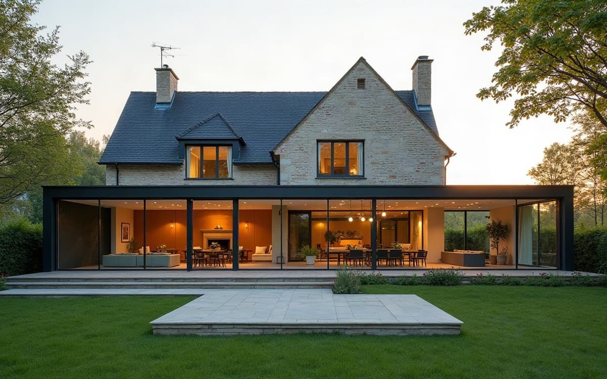 Extension vitrée associant un pan de mur maçonné et un grand vitrage panoramique, adossée à une maison en pierre de Caen blonde à la lumière du soir.