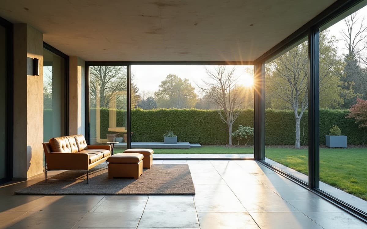 Intérieur d'une véranda rénovée, profilés aluminium neufs et grands vitrages clairs ouverts sur un jardin clos de haies
