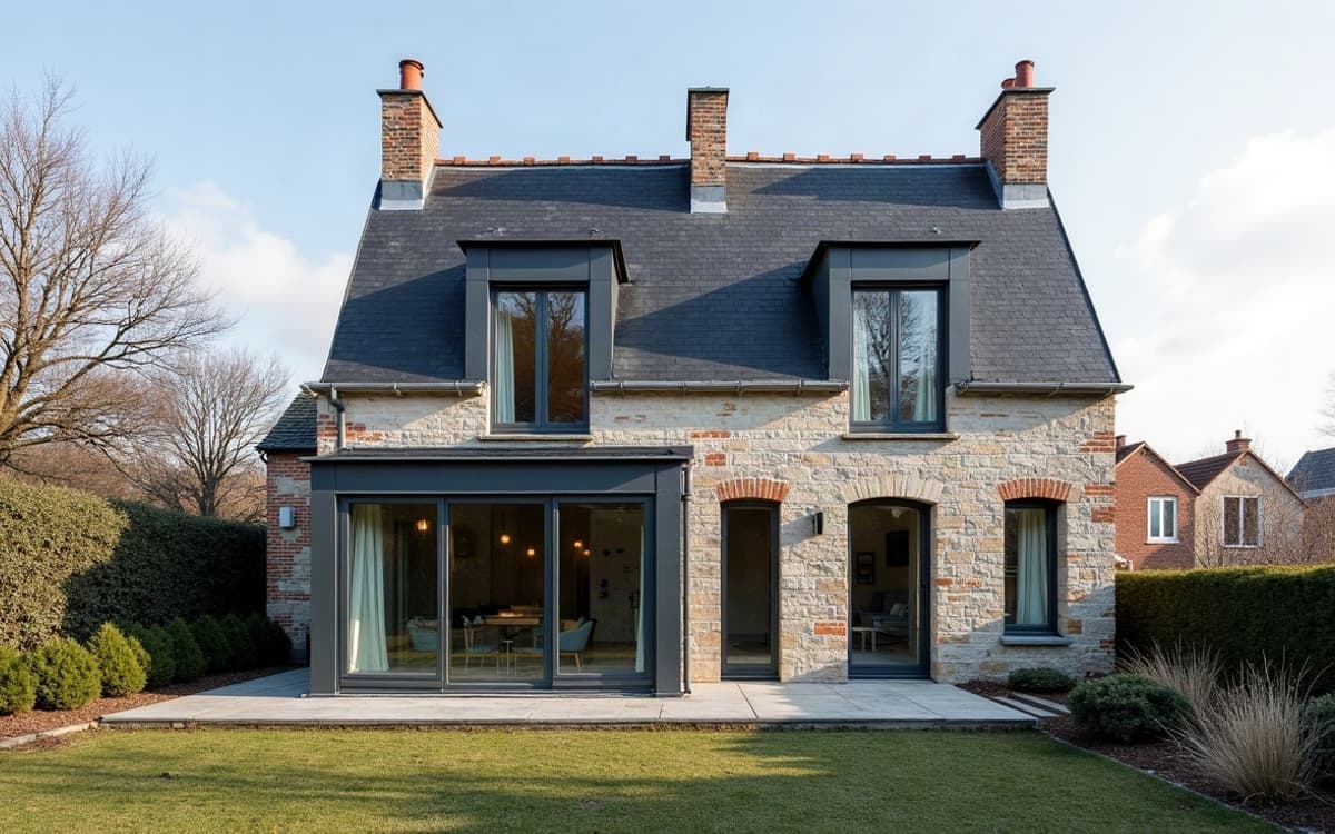 Véranda rénovée avec des profilés aluminium anthracite neufs, adossée à une maison ancienne en pierre de Caen aux murs visiblement anciens.