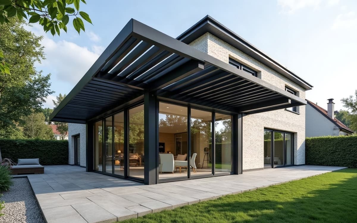 Toiture de véranda bioclimatique à lames d'aluminium orientables partiellement ouvertes, laissant filtrer la lumière sur la terrasse.