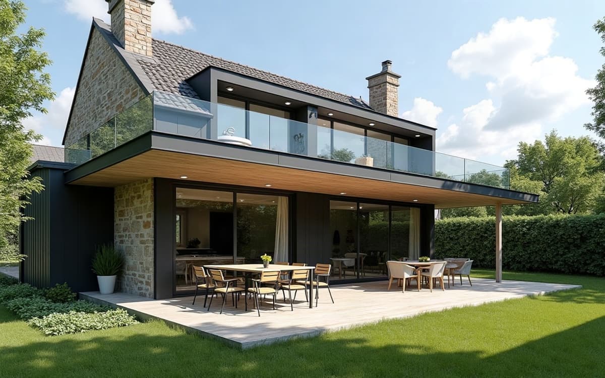 Véranda à toit plat greffée sur une maison en pierre, terrasse en dalles claires et mobilier de jardin sous le débord de toiture
