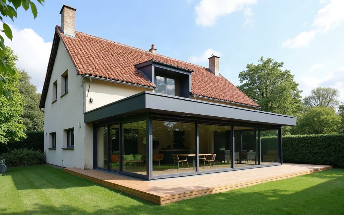 Extension à toit plat en aluminium anthracite rapportée sur le pignon d'une maison à toiture de tuiles, terrasse en bois clair au premier plan.