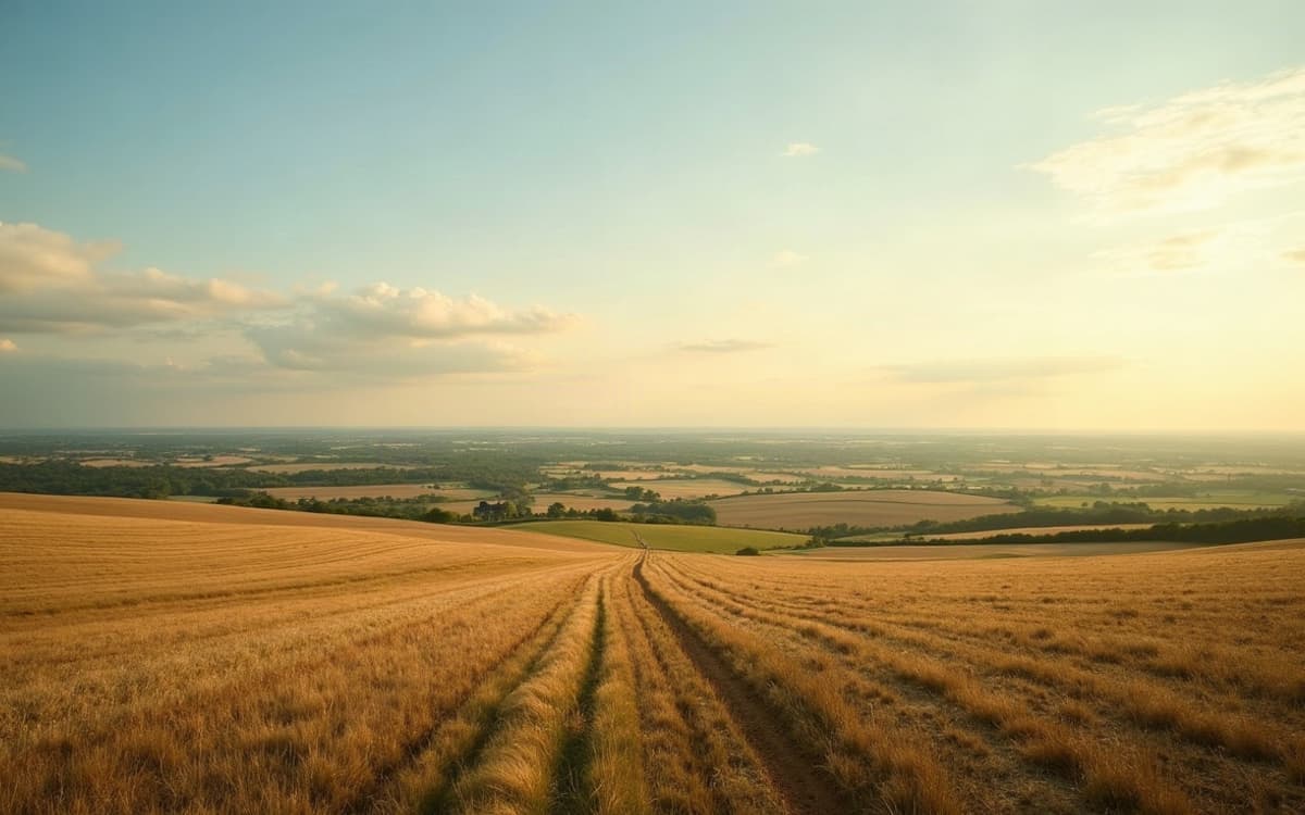 Plateau agricole ouvert vers le nord à Biéville-Beuville, larges parcelles cultivées sous un ciel changeant.