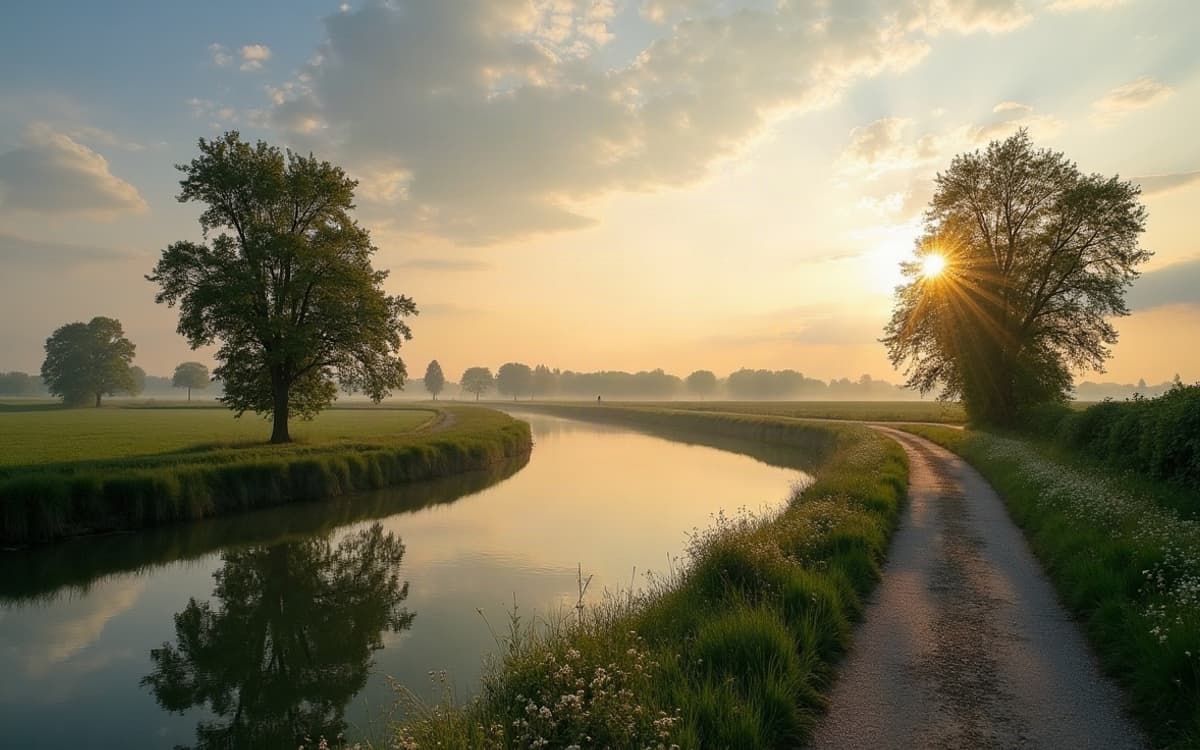 Chemin de halage le long du canal de Caen à la mer à Blainville-sur-Orne, à l'heure dorée.