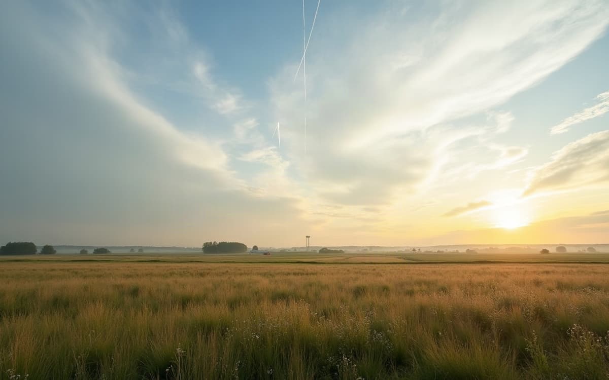 Vaste pelouse en bordure d'un terrain d'aviation léger à Carpiquet, sous un ciel changeant du plateau caennais.