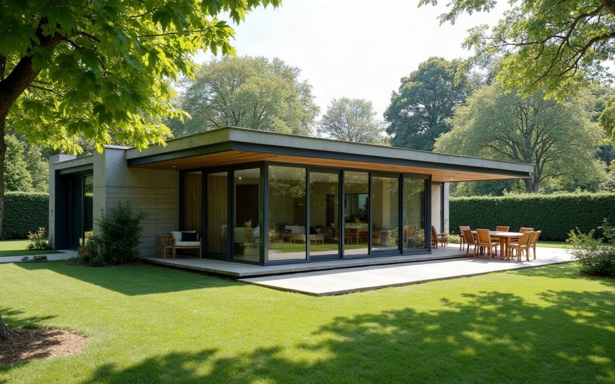 Véranda bioclimatique terminée, lames de toiture orientables partiellement ouvertes au-dessus d'une terrasse dallée.