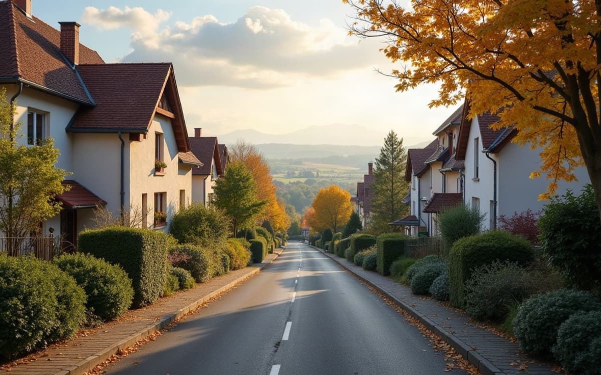 Rue résidentielle calme à Colombelles, maisons individuelles à toitures d'ardoise et jardins clos de haies.