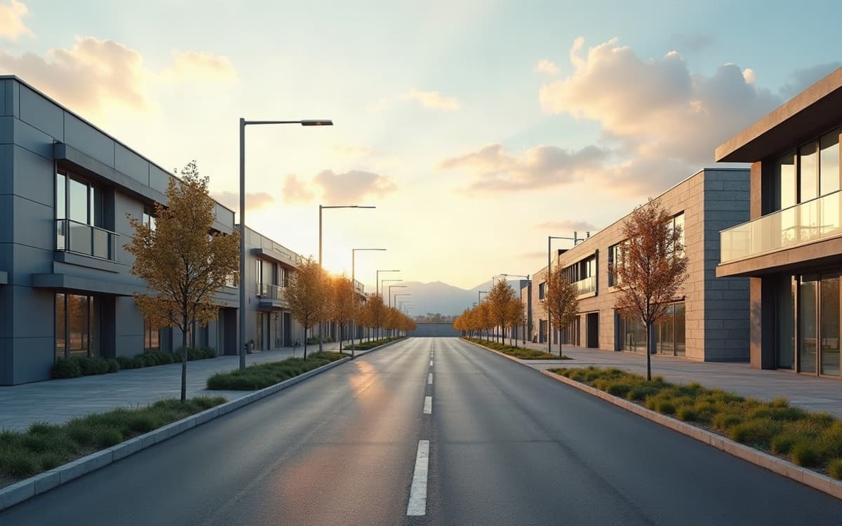Zone d'activité économique calme à Cormelles-le-Royal, bâtiments contemporains aux façades sobres.