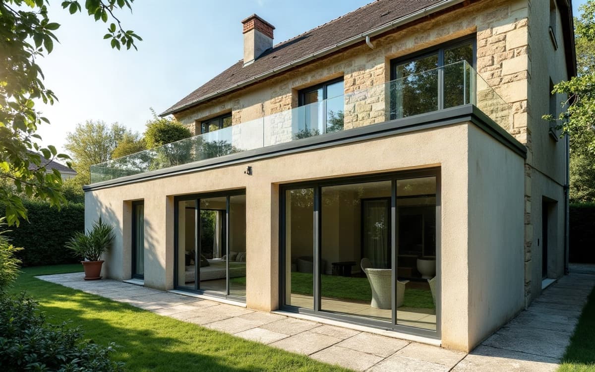 Véranda sur mesure terminée adossée à une maison en pierre de Caen blonde, en lumière de fin d'après-midi.