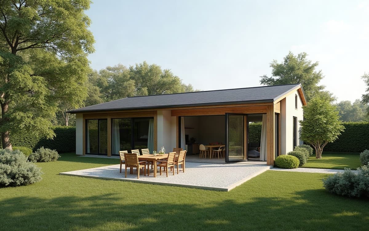 Véranda contemporaine terminée avec toiture vitrée en pente douce, pelouse et haie basse au premier plan.