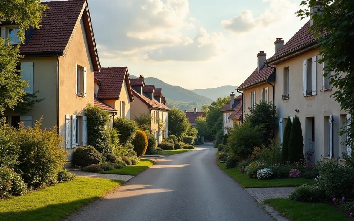 Quartier pavillonnaire à Giberville, maisons individuelles et jardins entretenus en léger surplomb de la vallée.