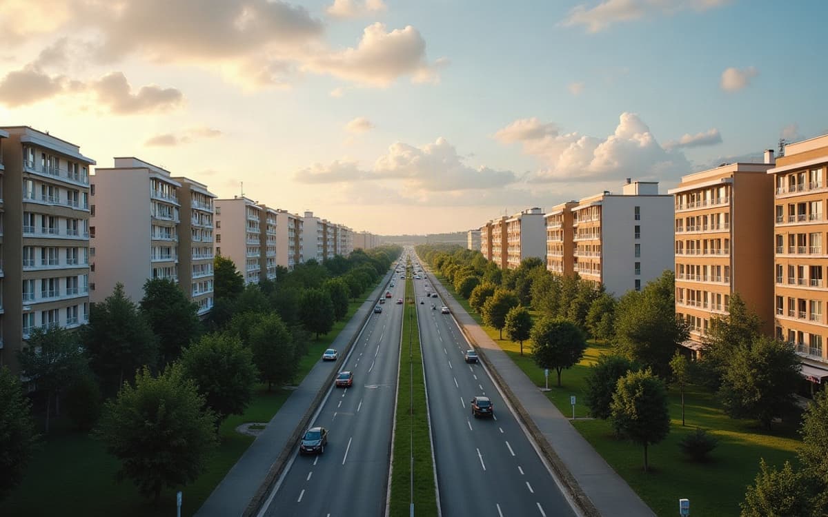 Avenue bordée d'immeubles résidentiels des années 1960 à Hérouville-Saint-Clair, sous un ciel changeant.