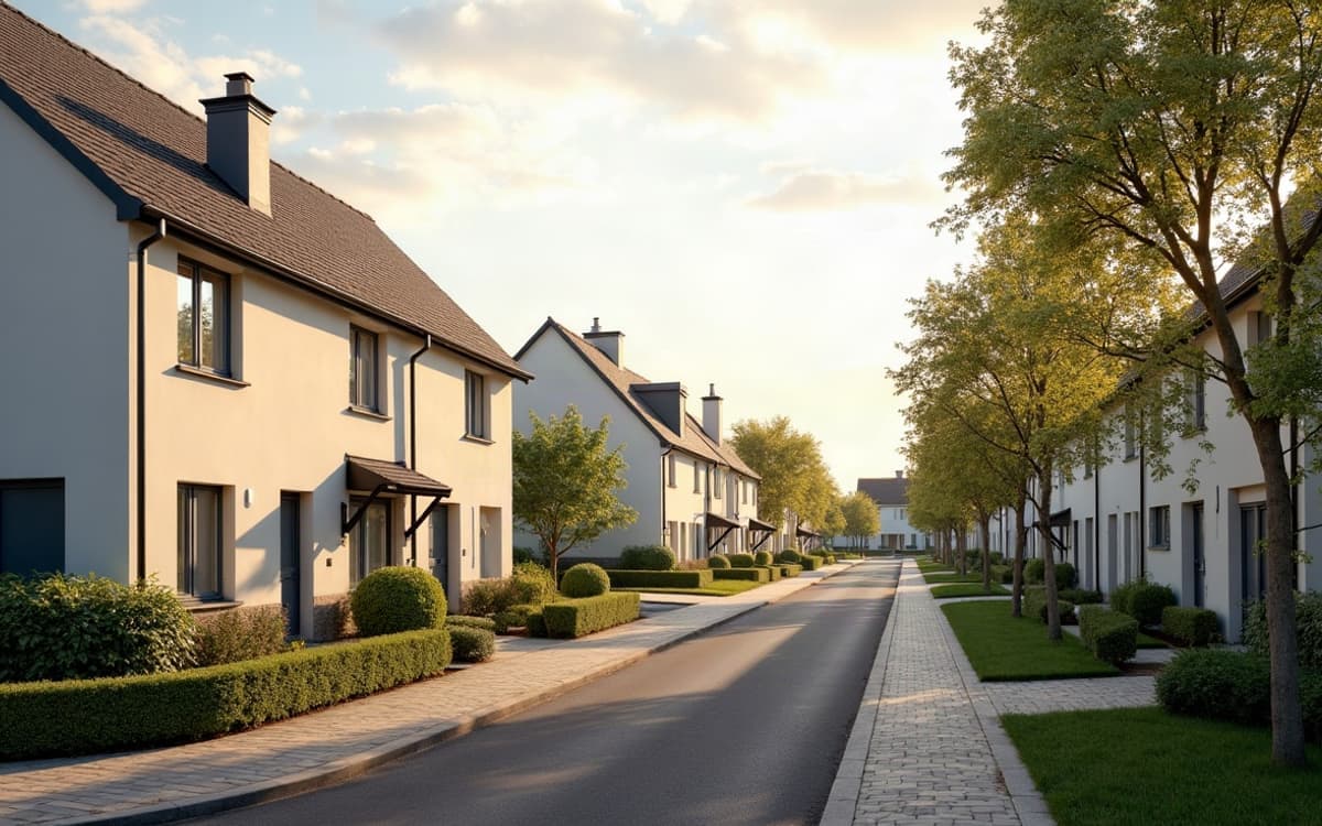 Rue résidentielle d'un lotissement pavillonnaire récent à Ifs, maisons individuelles et jardins bien tenus.