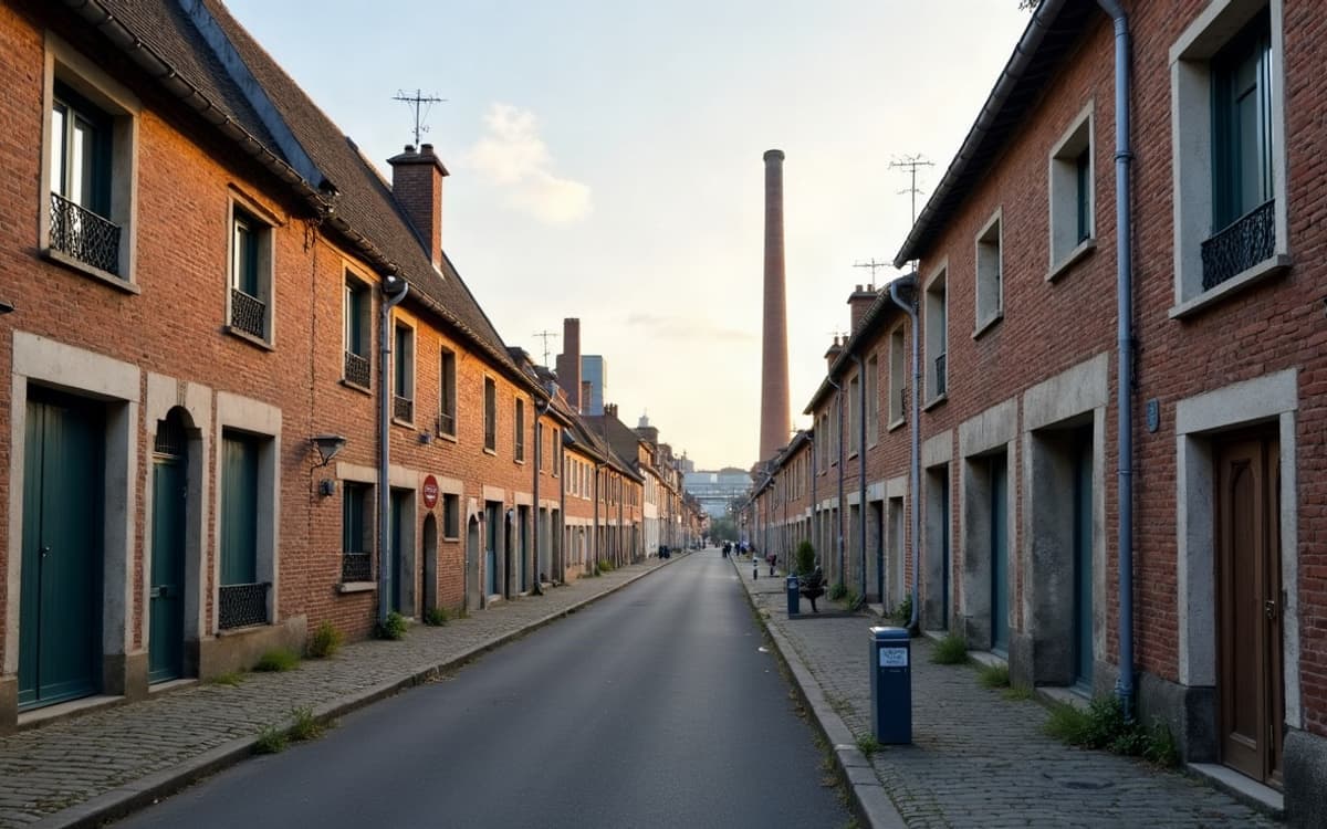 Rue de faubourg en brique claire à Mondeville, avec la silhouette d'une ancienne cheminée industrielle à l'horizon.