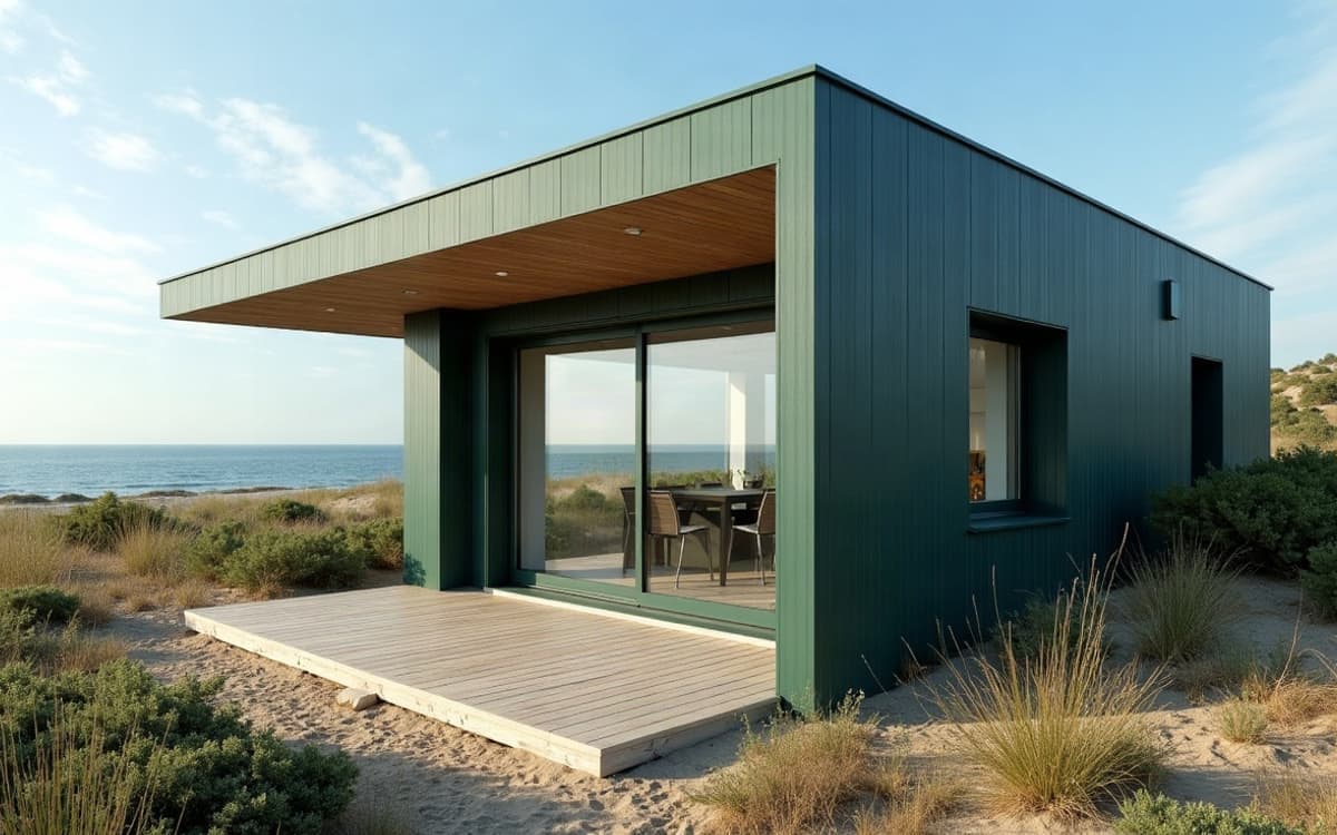 Véranda contemporaine avec vitrages renforcés adaptés au vent littoral, terrasse en bois et végétation basse de dune.
