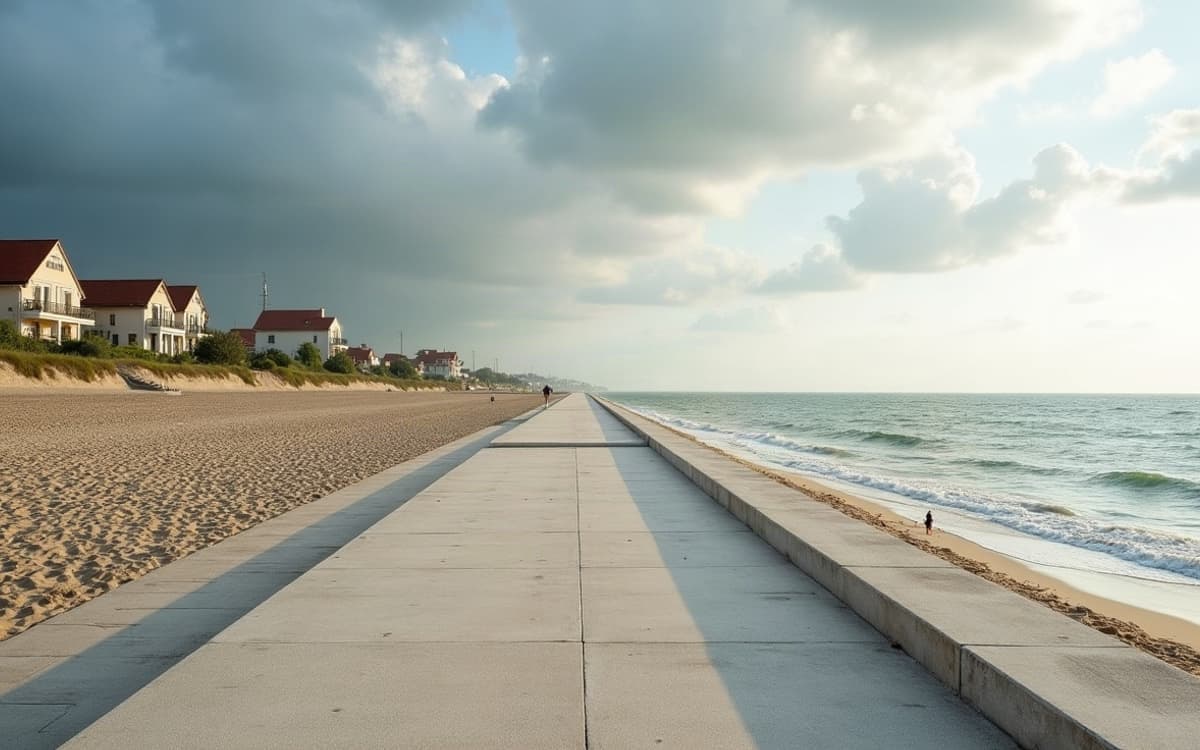 Digue promenade en bord de plage à Ouistreham, ciel changeant au-dessus de la Manche.