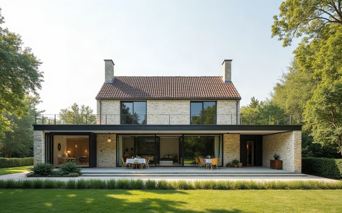 Véranda terminée en aluminium anthracite avec plafond bois, adossée à une maison en pierre claire.