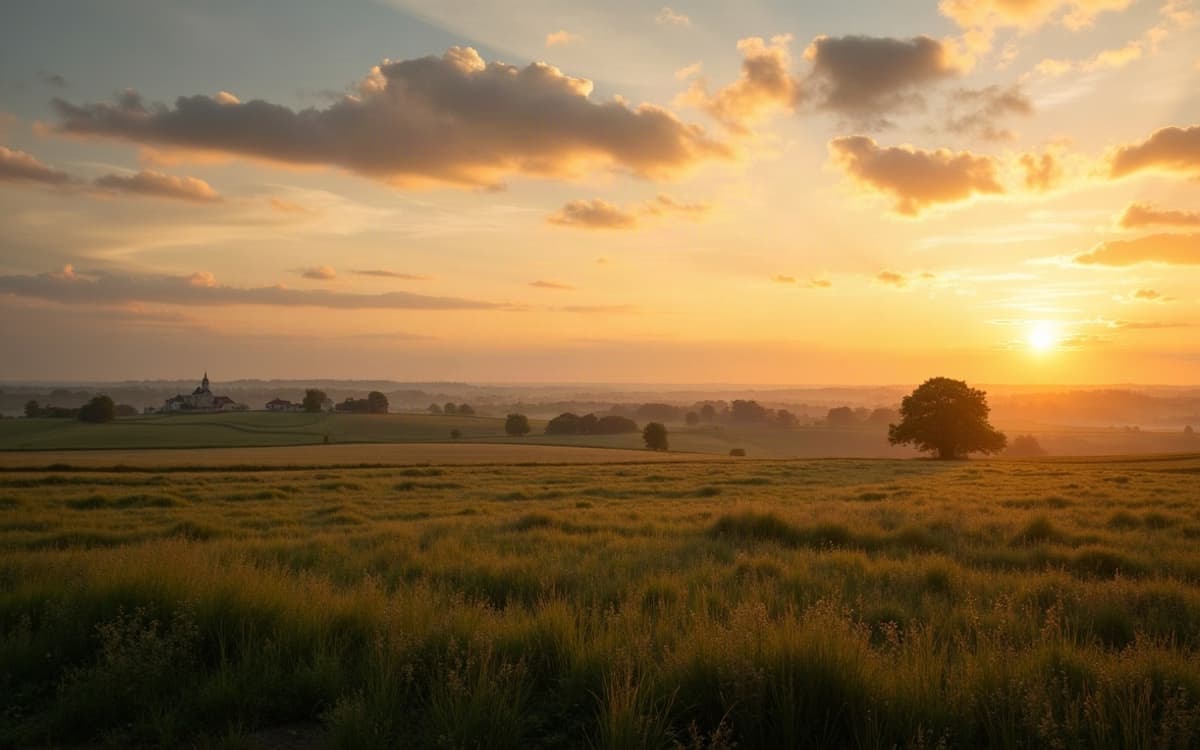 Plaine agricole normande à Thue et Mue, champs cultivés bordés de haies bocagères sous un ciel changeant.