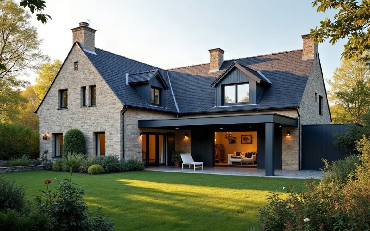 Véranda sur mesure terminée adossée à une maison ancienne en pierre normande, jardin rural entretenu.