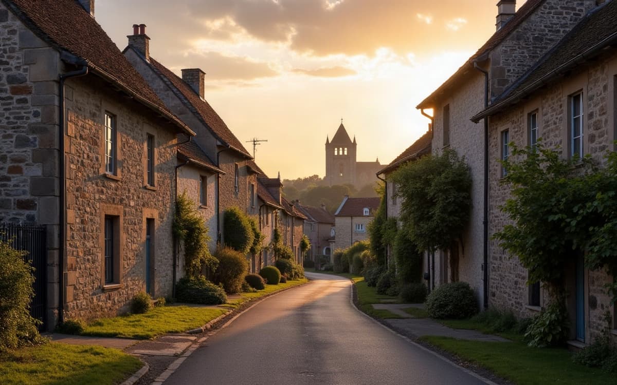 Rue du bourg de Troarn bordée de maisons en pierre, avec la silhouette d'un édifice religieux ancien au loin.