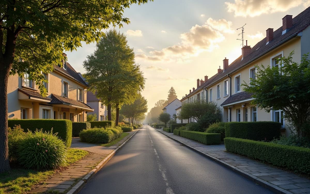 Rue résidentielle à Verson, maisons individuelles en léger surplomb de la vallée de l'Odon.