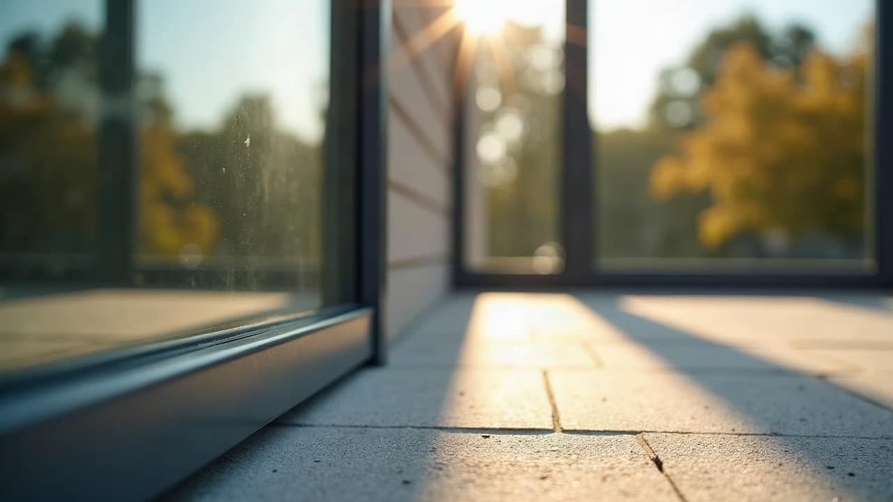 Détail d'un tuyau de plancher chauffant posé au sol d'une véranda en chantier, avant coulage de la chape, lumière naturelle traversant la structure vitrée