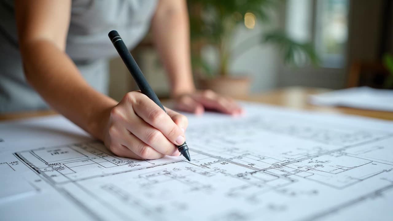 Plan de véranda déroulé sur une table de travail, gros plan sur les mesures et les annotations, une main tenant un crayon