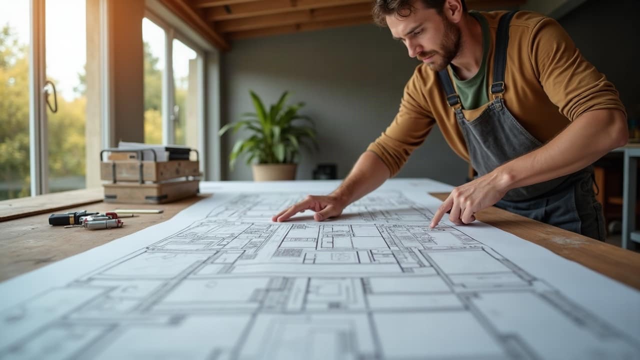 Plan de véranda déroulé sur une table de chantier, main posant un profilé aluminium à côté, atelier lumineux