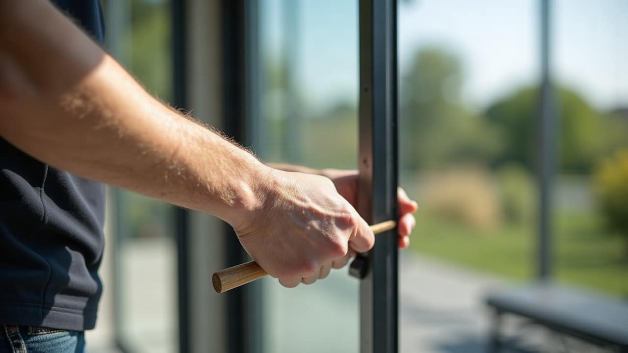 Main passant un chiffon sur un joint d'étanchéité au raccord entre un profilé aluminium et un vitrage de véranda, gros plan en lumière naturelle