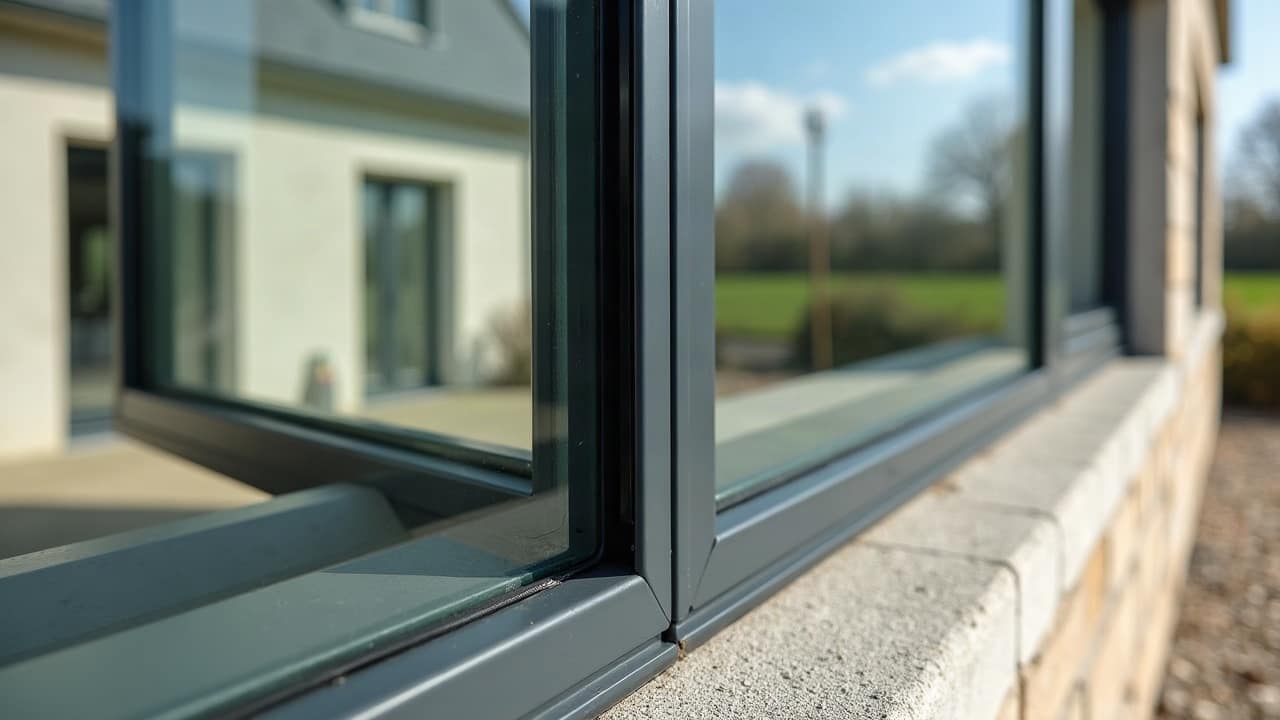 Détail d'un raccordement de toiture de véranda contre un mur en pierre de Caen, chéneau intégré propre, profilés aluminium d'aplomb, chantier fini sans aucune trace de travaux