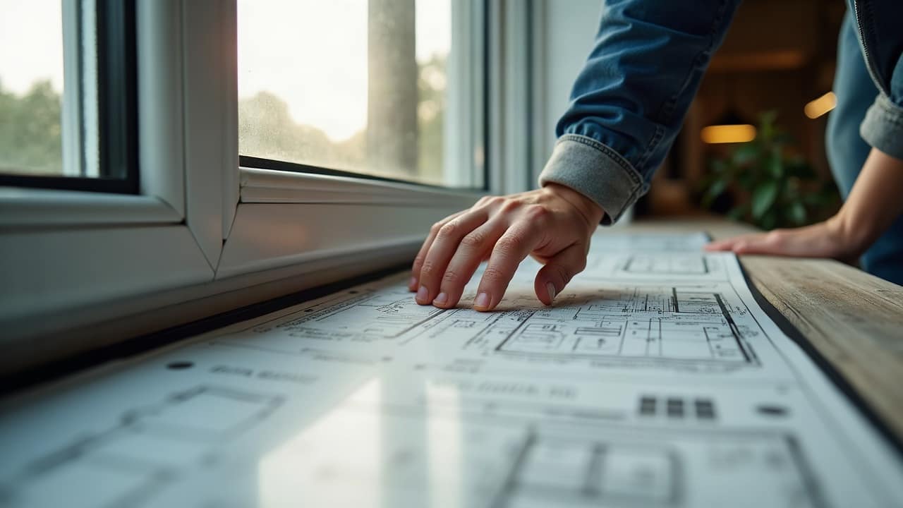 Réception d'un chantier de véranda terminé, gros plan sur la vérification des finitions au niveau d'un profilé aluminium, une main posée sur la structure
