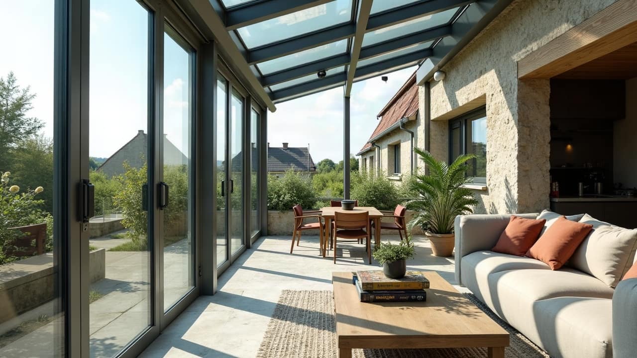 Vue en contre-plongée d'une toiture vitrée de véranda depuis l'intérieur, structure aluminium se découpant sur un ciel dégagé
