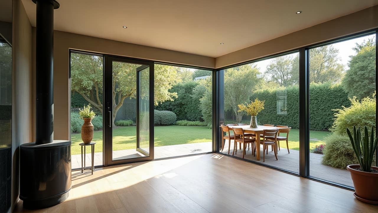 Véranda contemporaine orientée nord, lumière naturelle douce et diffuse sur un intérieur aménagé sobrement, sol en grand format clair, jardin visible à travers un grand vitrage impeccable