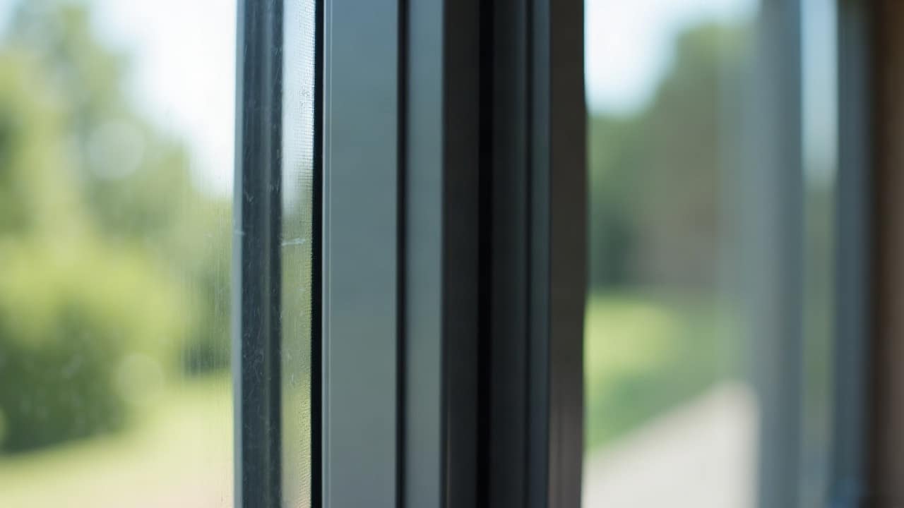 Détail d'un joint d'étanchéité neuf et régulier autour d'un cadre de fenêtre de véranda rénovée, profilé aluminium anthracite parfaitement d'aplomb, chantier propre, lumière naturelle latérale