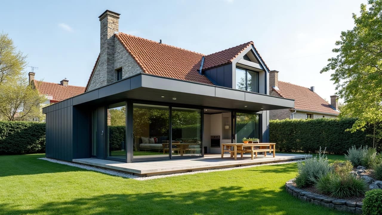 Vue d'ensemble d'une véranda contemporaine à toit plat achevée, aluminium anthracite laqué mat, jardin normand entretenu au premier plan, aucun document ni panneau visible dans le cadre