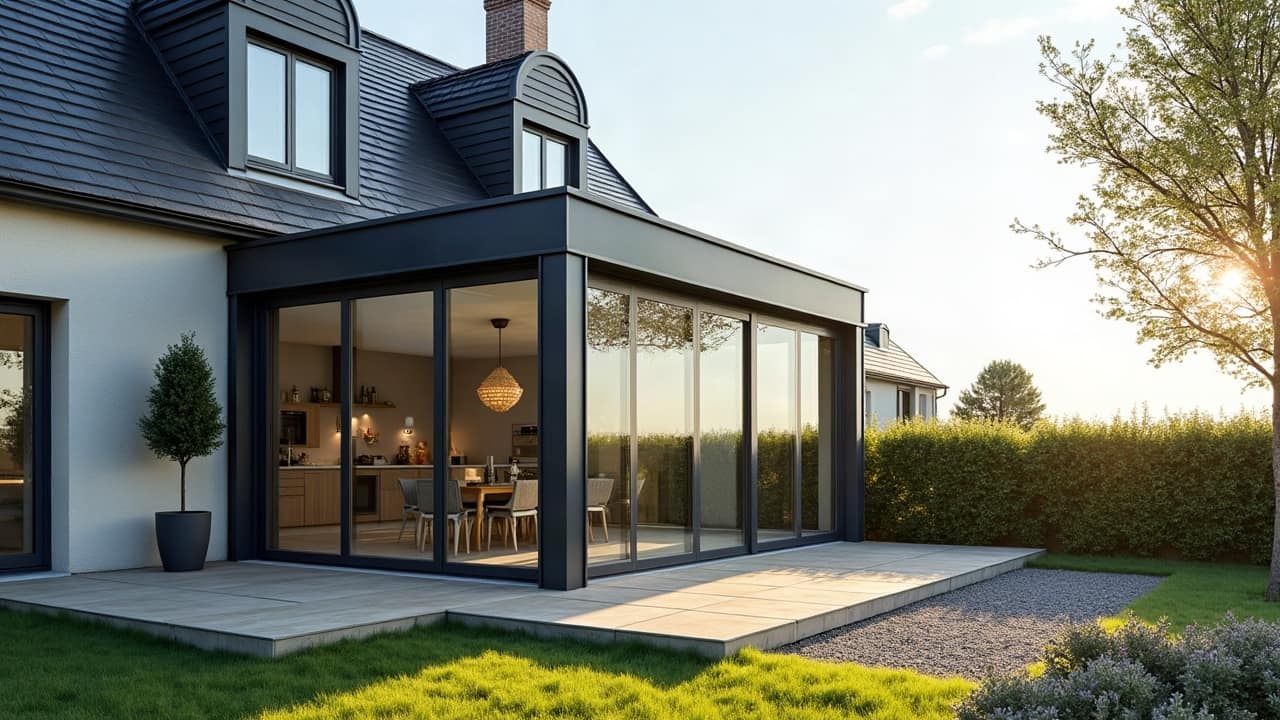 Pose d'un panneau de toiture en verre sur l'ossature aluminium d'une véranda, gros plan sur le profilé et le vitrage en cours d'installation