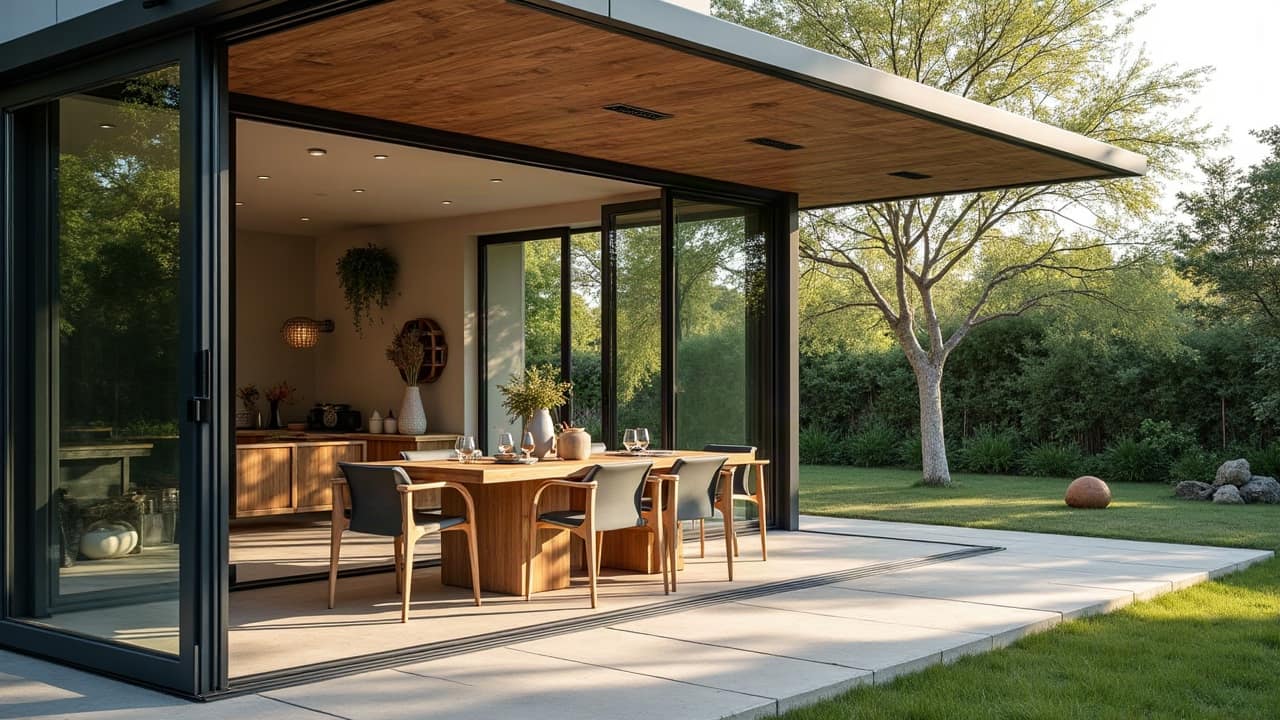 Coin salle à manger dans une véranda contemporaine, table en bois clair et chaises sobres, vitrages allant du sol au plafond, vue dégagée sur un jardin clos de haies vives, lumière naturelle abondante