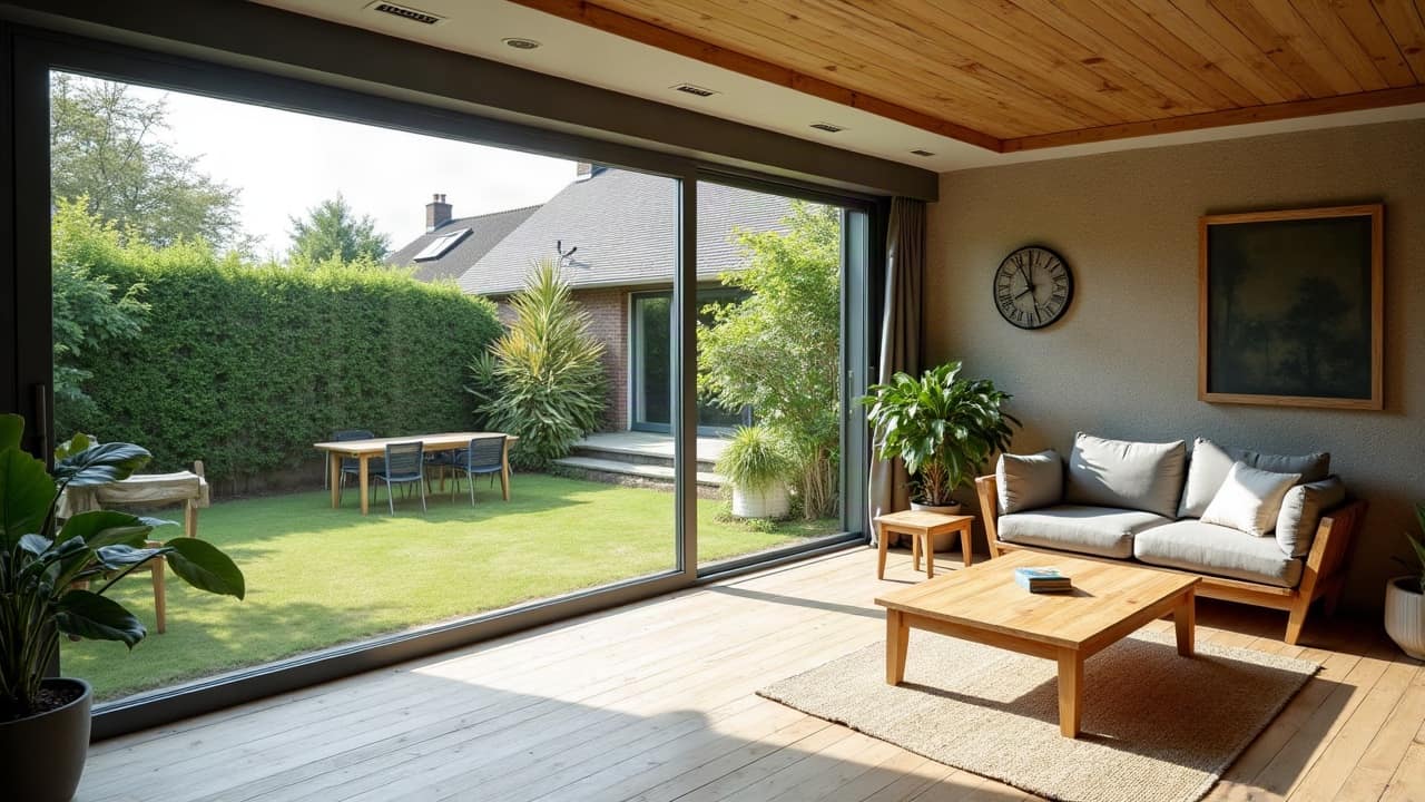 Intérieur d'une véranda haut de gamme avec profilés fins laqués mat, sol en grand format clair, assise en lin, table basse en chêne clair, jardin baigné de lumière visible à travers un vitrage impeccable