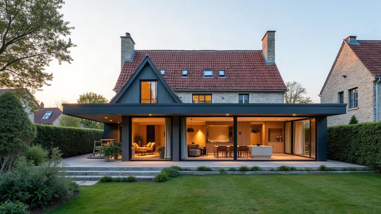 Vue d'ensemble d'une véranda bioclimatique contemporaine adossée à une maison en pierre de Caen blonde, toiture à lames orientables partiellement fermée, jardin entretenu visible au premier plan, lumière de fin d'après-midi