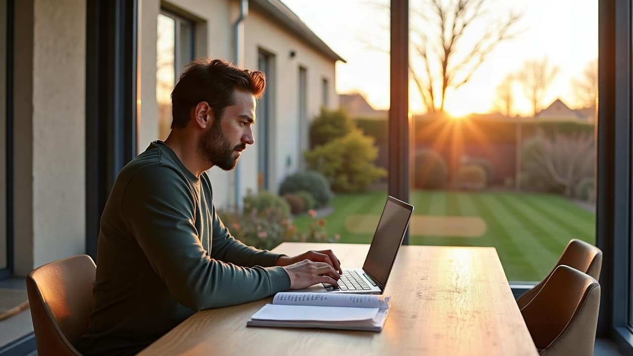 Bureau installé face à une baie vitrée de véranda, cahier et ordinateur portable posés sur le plan, une seule main tournant une page, lumière naturelle du matin
