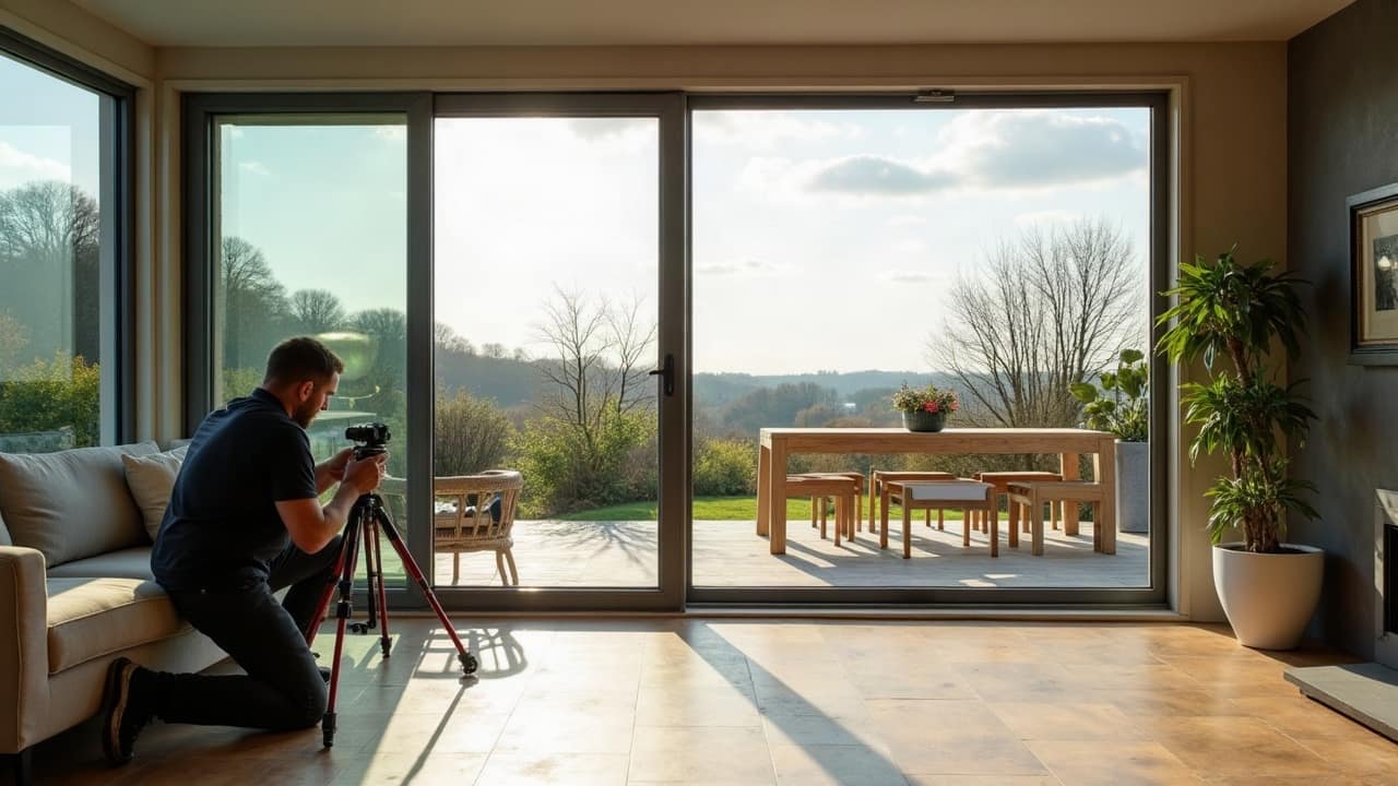 Diagnostiqueur photographiant une baie vitrée de véranda depuis l'intérieur, appareil de mesure posé au sol, lumière naturelle traversant la pièce