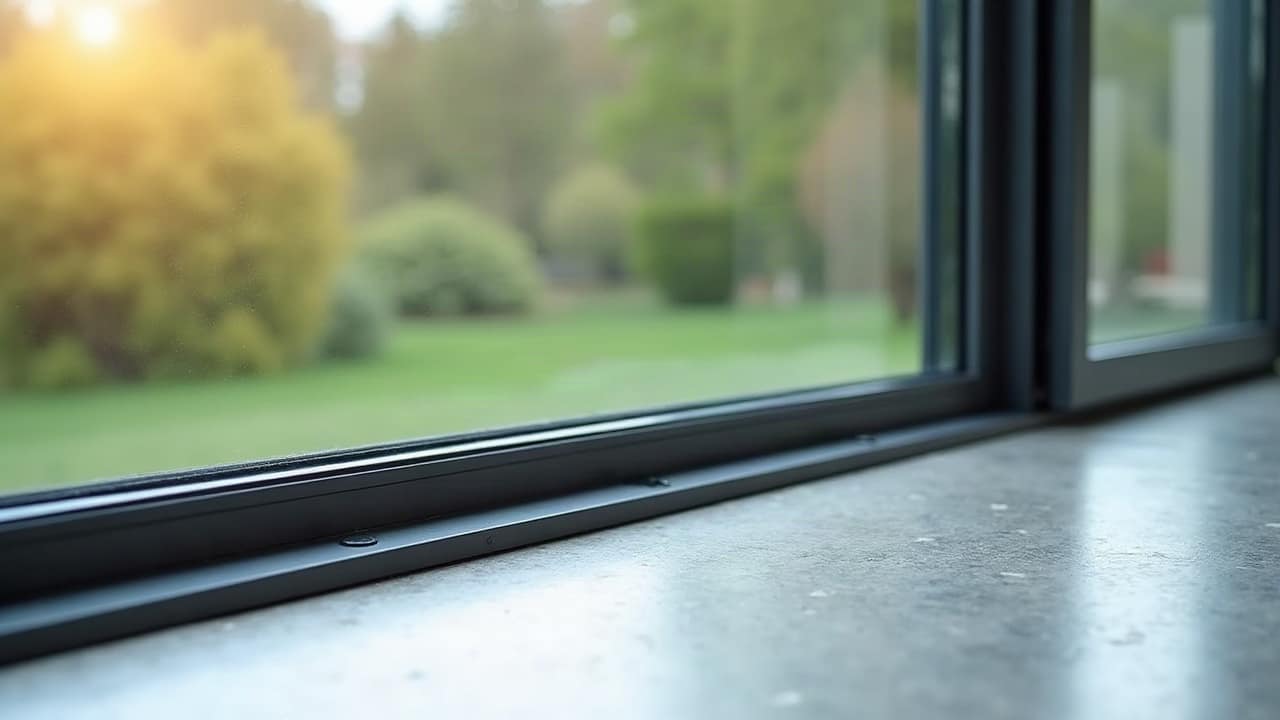 Détail d'un rail de baie coulissante encastré au niveau du sol, raccord entre carrelage intérieur et dallage extérieur, lumière rasante