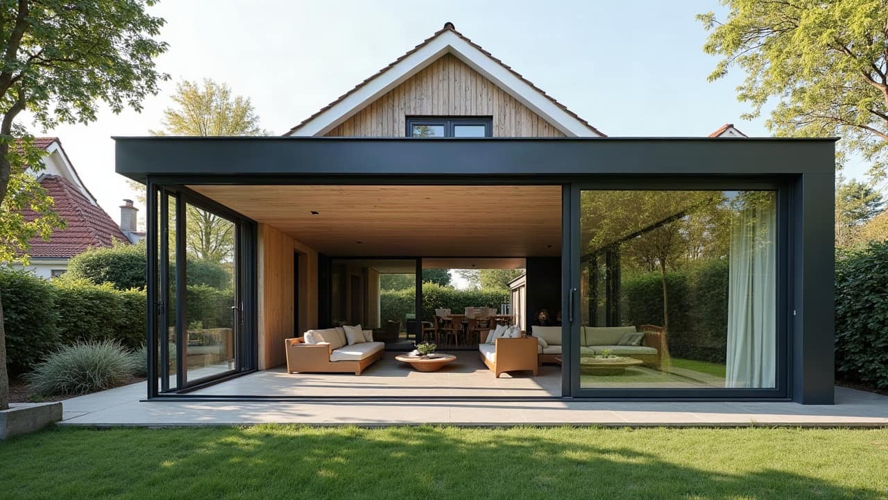 Pose d'un profilé aluminium en fond de jardin, gros plan sur l'assemblage de la structure, une main ajustant la fixation