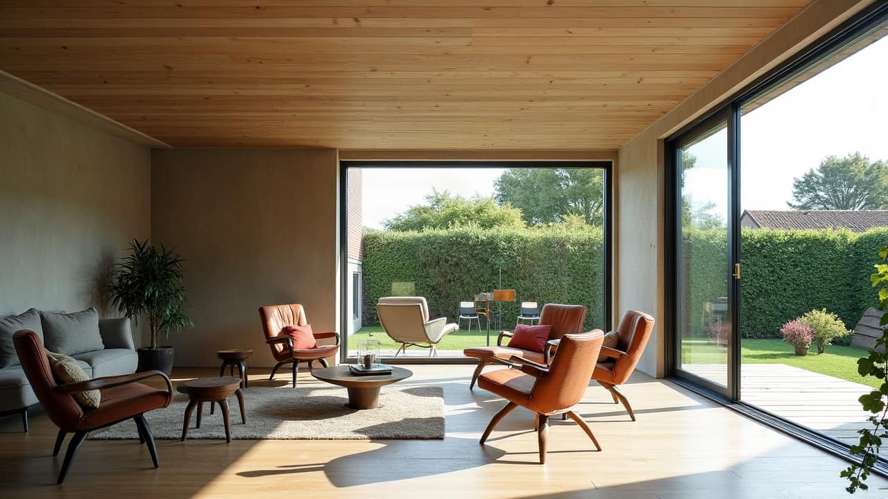 Intérieur d'une extension maçonnée traditionnelle en pierre de Caen, ouverture généreuse vers une véranda contemporaine adjacente, mobilier sobre, lumière naturelle traversante entre les deux espaces