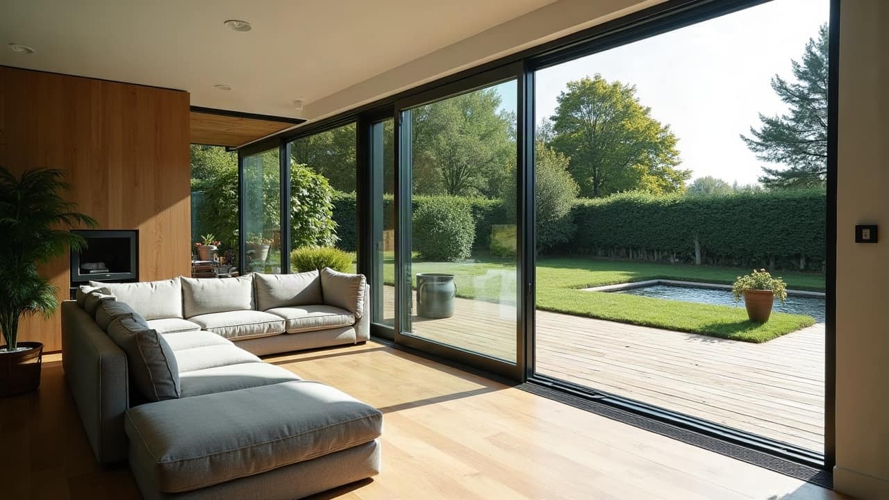 Salon aménagé dans une extension vitrée contemporaine, canapé en lin clair, grandes baies vitrées ouvrant sur une terrasse en bois et un jardin entretenu, lumière naturelle traversante