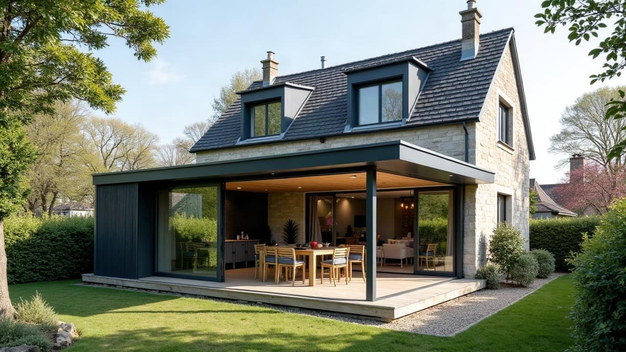 Vue rapprochée d'un chéneau intégré et d'un solin de raccord sur une véranda à toit plat, aluminium anthracite laqué mat, étanchéité soignée contre un mur en pierre de Caen blonde